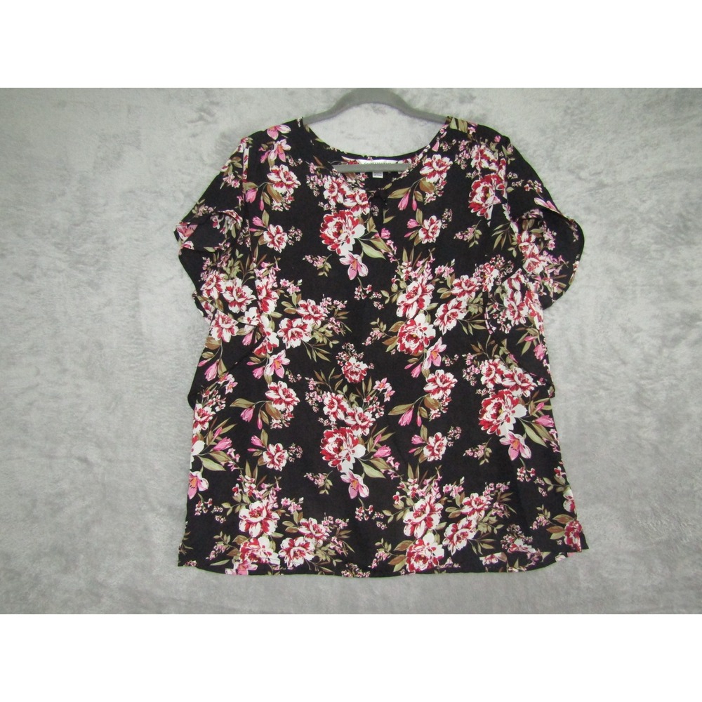 Counterparts Womens XL Black Floral Print Short Sleeve Tie Neck Blouse Top
